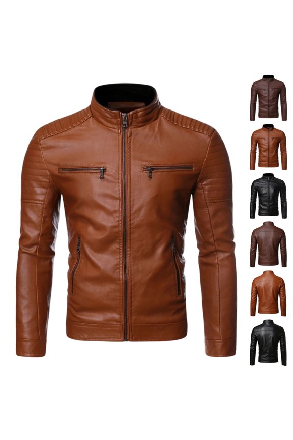 Mens Faux Leather Jackets Stand Collar Lightweight Motorcycle Jackets Slim Fit Zip-Up Biker Coat Earthy Yellow L