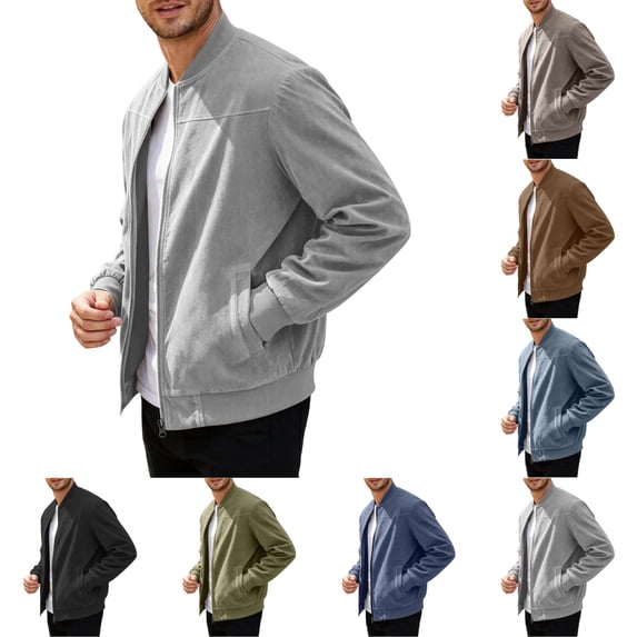 UDAUDU Mens Faux Suede Jacket Casual Full Zip Long Sleeve Lightweight Stand Collar Bomber Jacket with Pockets XL