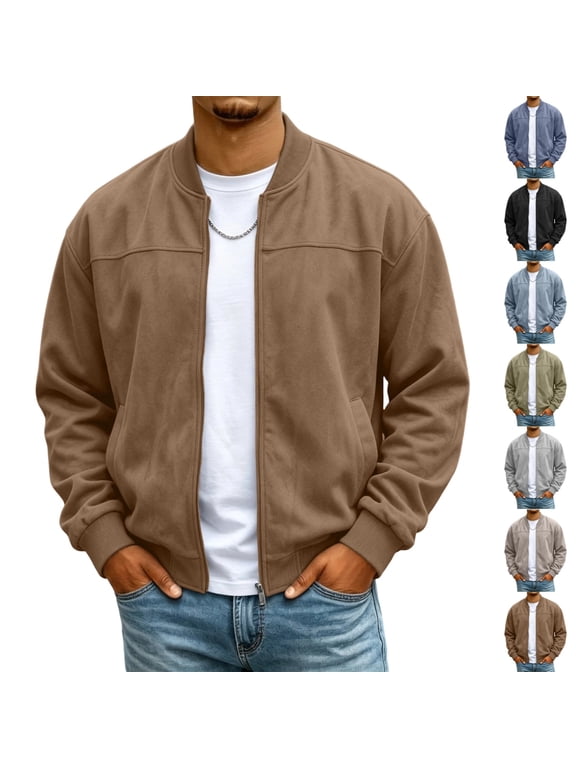 Mens Faux Suede Jacket Lightweight Zip Up Long Sleeve Bomber Jacket Fall Winter Outwear with Pockets 3XL