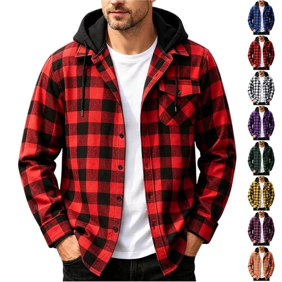 UDAUDU Mens Flannel Hooded Jacket Sherpa Button Down Hoodies for Men Plaid Shirt Jackets Fall Fashion Fleece Coat with Pocket Red L