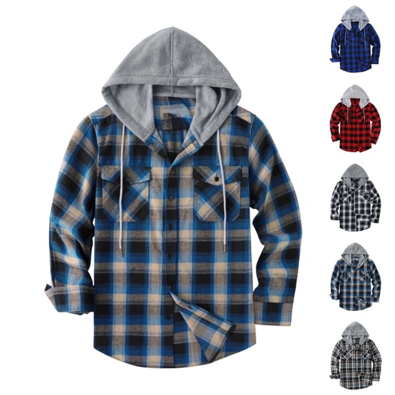 UDAUDU Mens Flannel Hoodie Shirt Button Down Plaid Jacket Shirts Casual Long Sleeve Business Lightweight Outdoor Jacket with Pocket XL