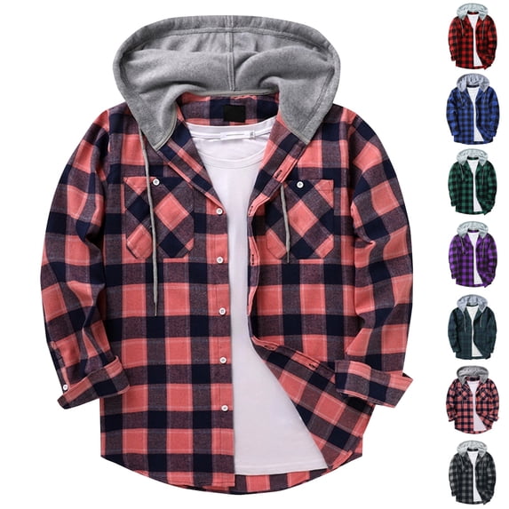 UDAUDU Mens Flannel Hoodie Shirt Button Down Plaid Jacket Shirts Casual Long Sleeve Vacation Fall Trendy Hoodie Shirts with Pocket 2XL