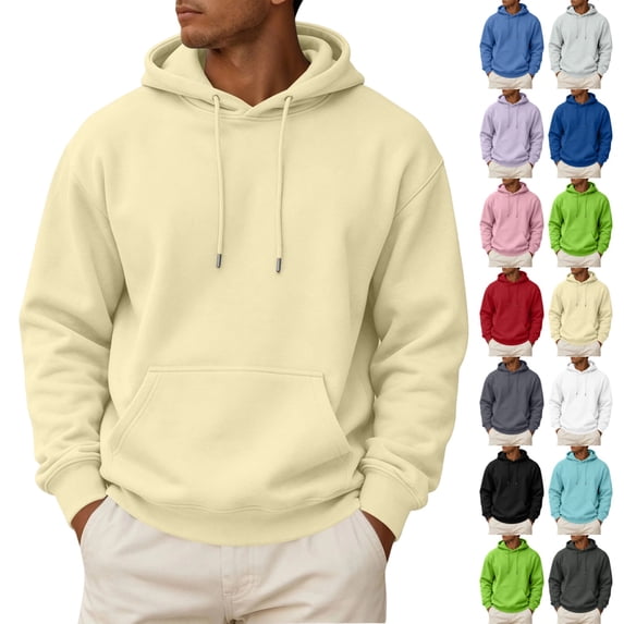 UDAUDU Mens Fleece Hoodie Long Sleeves Casual Pullover Drawstring Hooded Sweatshirt with Kangaroo Pocket Cozy Basic Hoodies for Men Beige S