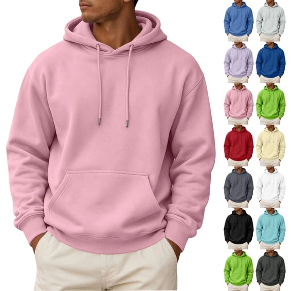 UDAUDU Mens Fleece Hoodie Long Sleeves Casual Pullover Drawstring Hooded Sweatshirt with Kangaroo Pocket Cozy Basic Hoodies for Men Pink 3XL