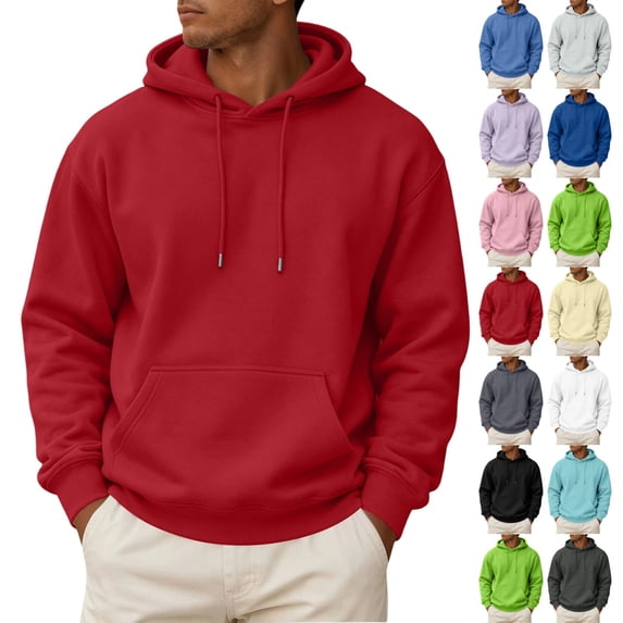 UDAUDU Mens Fleece Hoodie Long Sleeves Casual Pullover Drawstring Hooded Sweatshirt with Kangaroo Pocket Cozy Basic Hoodies for Men Red L