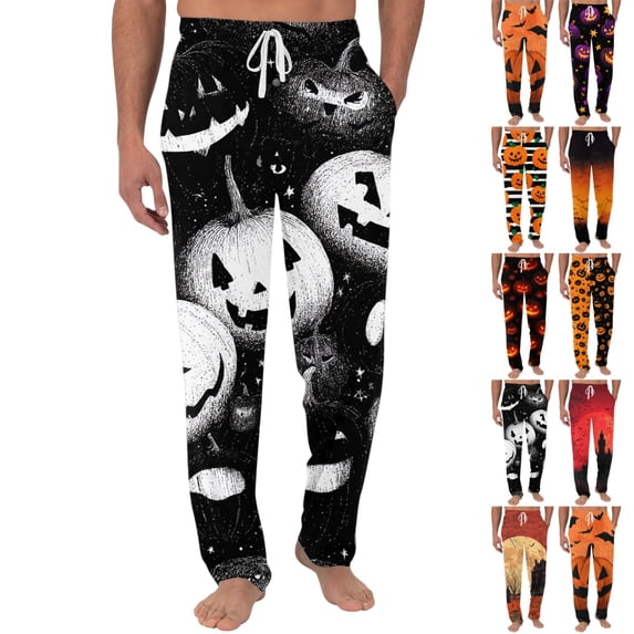 UDAUDU Mens Halloween Pajama Pumpkin Ghost Lightweight Pj Pants Elastic Waistband Halloween Lounge Sleep Bottoms with Pocket Dark Gray XL