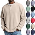 thumbnail image 1 of UDAUDU Mens Henley Long Sleeve Shirts Waffle Knitted Textured Comfortable Button Casual Loose Fit T-Shirts Pullover Basic Tops Khaki L, 1 of 10
