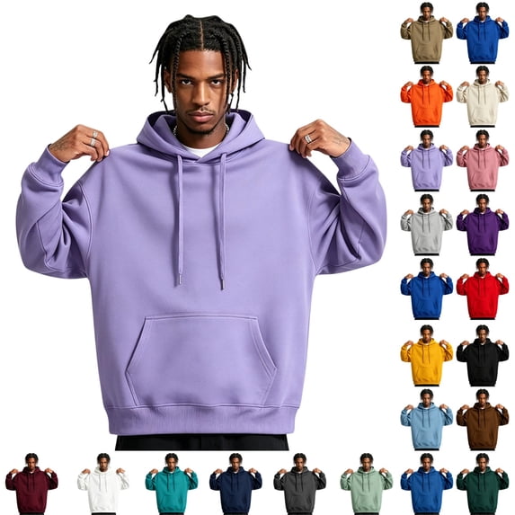 UDAUDU Mens Hooded Fall Fashion Long Sleeve Hoodies Casual Drawstring Winter Pullover Cotton Sweatshirt for Men with Pockets Light Purple 2XL