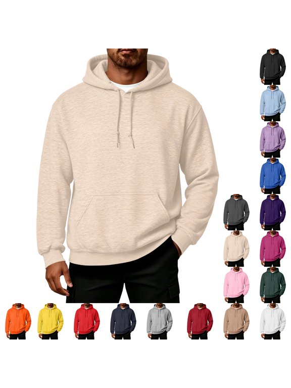 Mens Hooded Sweatshirt Casual Relaxed Fit Thermal Fleece Pullover Hoodie Ribbed Cuffs Hem for Workout Outdoor Activities Khaki S