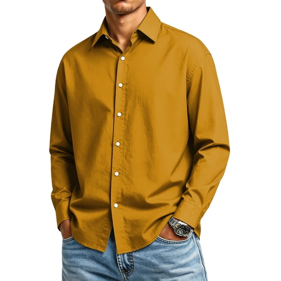 UDAUDU Mens Long Sleeve Dress Shirts Casual Slim Fit Button Down Fall Summer Business Wedding Shirt Earthy Yellow 3XL
