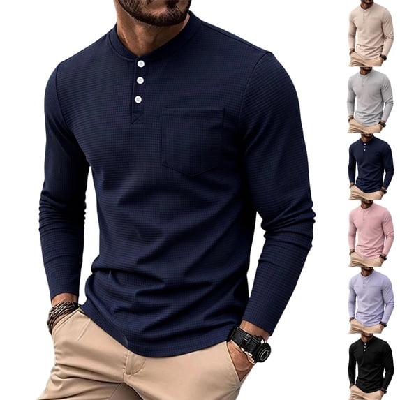 UDAUDU Mens Long Sleeve Henley Shirt Waffle Casual Button Down Thermal Shirts Lightweight Plain Fall Fashion Tshirts Pullover Navy 2XL