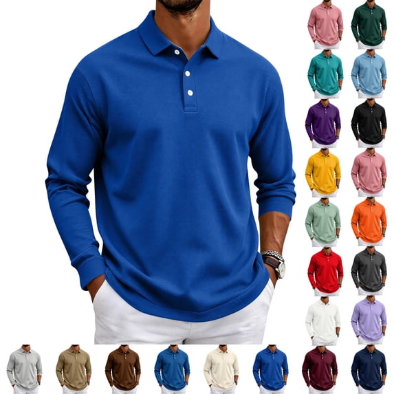 UDAUDU Mens Long Sleeve Polo Shirts Cotton Collared Shirts Casual Business Work Office Athletic Classic Fit Golf Shirts M