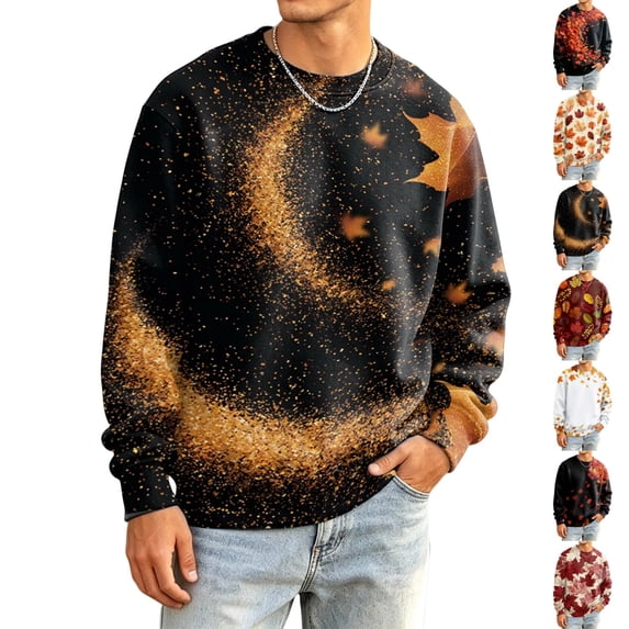 UDAUDU Mens Long Sleeve Shirts Crew Neck Casual Fall Winter Maple Leaf Graphic Pullover Outdoor Fashion Athletic Workout Tops Yellow S