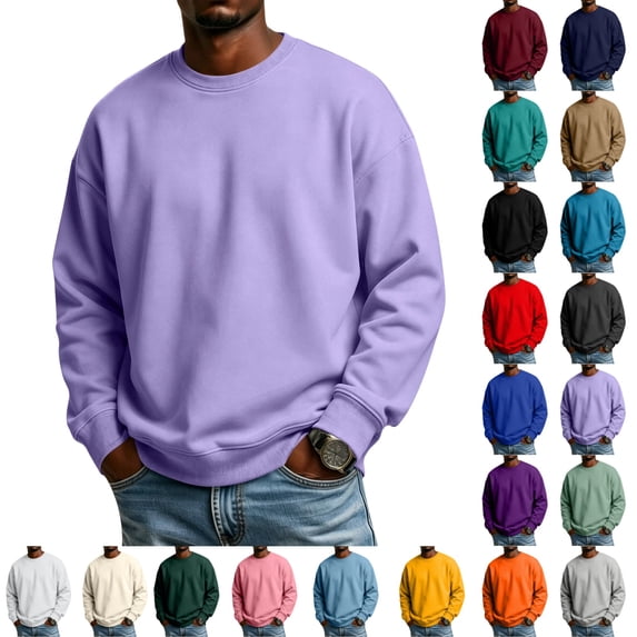 UDAUDU Mens Long Sleeve Sweatshirt Crew Neck Multiple Colors Basic Loose Fit Fleece Pullover Tops for Jogging Hiking Casual Daily Wear Light Purple M