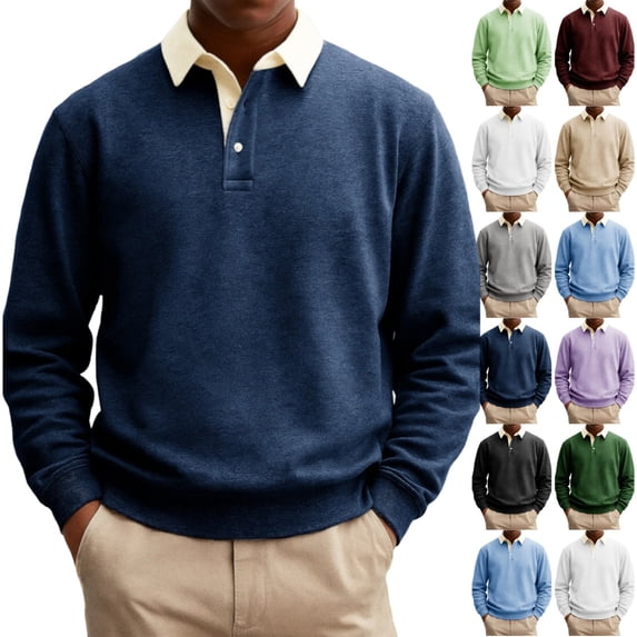 UDAUDU Mens Polo Shirts Long Sleeve Pullover Sweatshirts Color Block 2026 Fall Winter Contrast Collar Button Down Golf Shirt Dark Blue S
