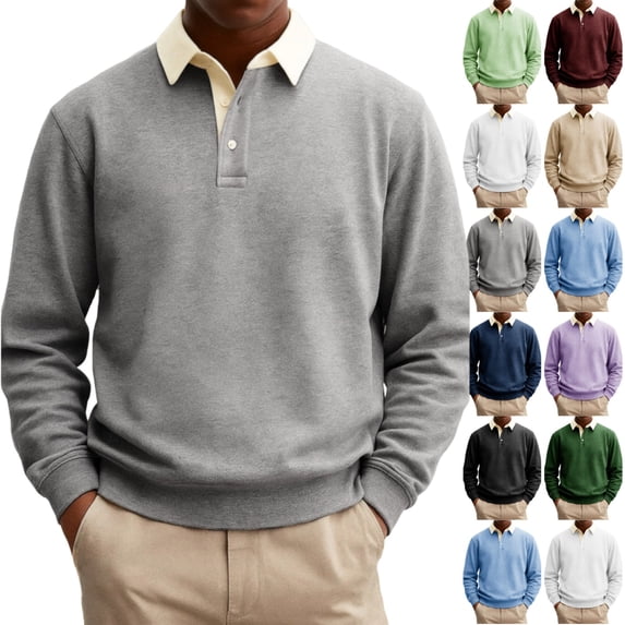 UDAUDU Mens Polo Shirts Long Sleeve Pullover Sweatshirts Color Block 2026 Fall Winter Contrast Collar Button Down Golf Shirt Gray S