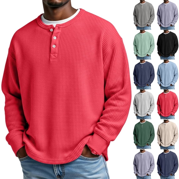 UDAUDU Mens Shirts Waffle Knit Henley Long Sleeve Fall Winter Shirts Loose Fit Casual Button Down Soft Oversized Pullover Tops Wine 2XL
