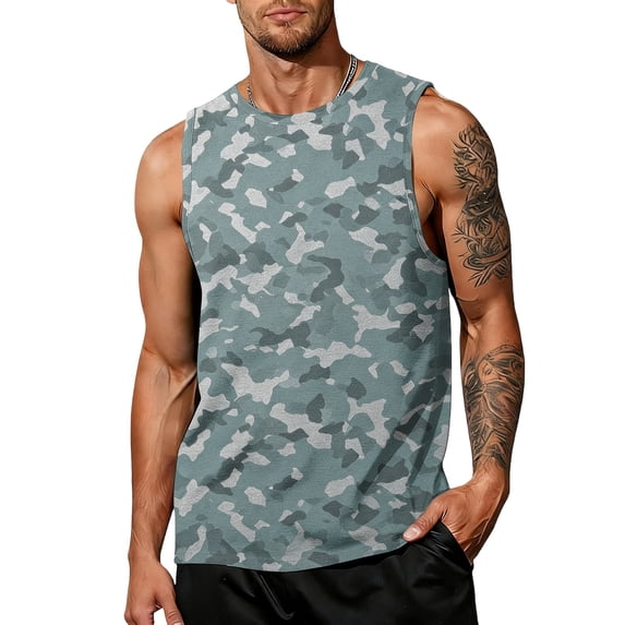 UDAUDU Mens Sleeveless Camo Cotton Tank Tops Cut Off Muscle Gym T Shirts Running Beach Loose Fit Tees Gray L