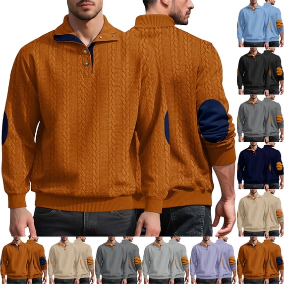 UDAUDU Mens Sweatshirts Stand Up Button Collar Cable Knitted Fashion Dress Sweater Pullover with Elbow Patch Ginger XL