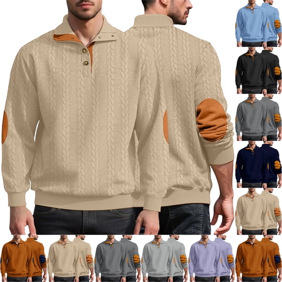 UDAUDU Mens Sweatshirts Stand Up Button Collar Cable Knitted Fashion Dress Sweater Pullover with Elbow Patch Khaki M