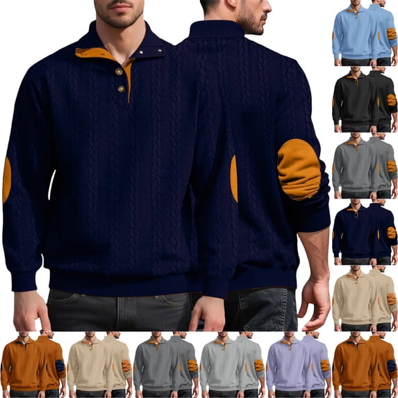 UDAUDU Mens Sweatshirts Stand Up Button Collar Cable Knitted Fashion Dress Sweater Pullover with Elbow Patch Navy XL