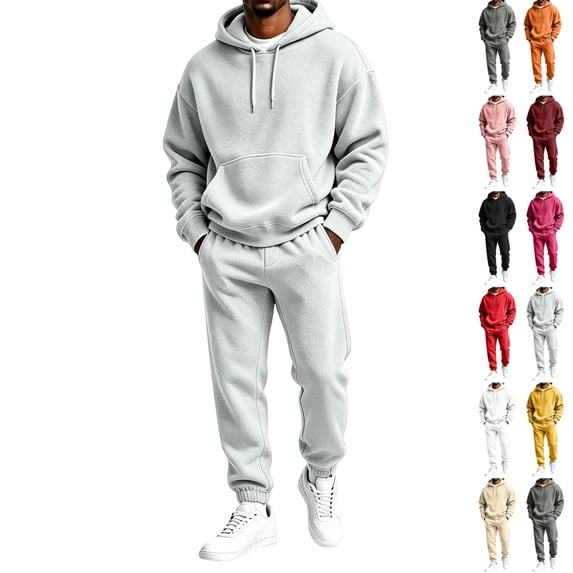 UDAUDU Mens Sweatsuit 2 Piece Hoodie Tracksuit Jogger Set | Soft Fleece Outfits, Kangaroo Pocket Sweatshirt, Drawstring Waist Sweatpants, Fall Winter Trendy Matching Sets Light Gray L
