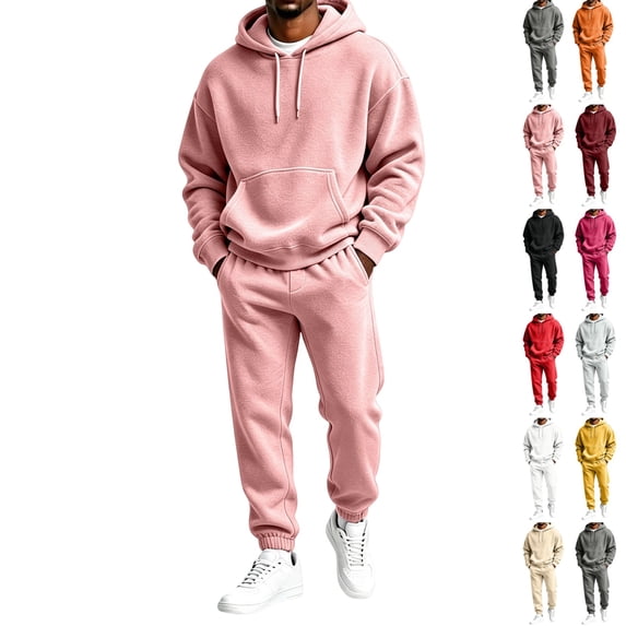 UDAUDU Mens Sweatsuit 2 Piece Hoodie Tracksuit Jogger Set | Soft Fleece Outfits, Kangaroo Pocket Sweatshirt, Drawstring Waist Sweatpants, Fall Winter Trendy Matching Sets Pink L