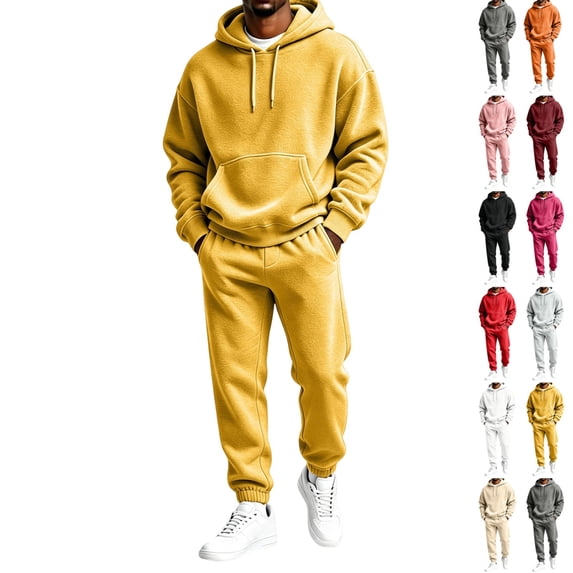 UDAUDU Mens Track Suits 2 Piece Set Fleece Hoodie and Sweatpants Casual Outfits Athletic Fall Winter Jogging Suit Work Out Gym Clothing Yellow S
