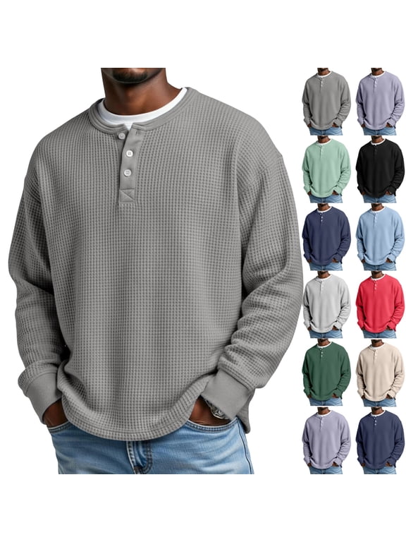 Mens Waffle Knit Long Sleeve Henley Shirts Slim Fit Quarter Button Basic Comfort Lightweight Breathable Casual Workout Pullover Tops Gray L