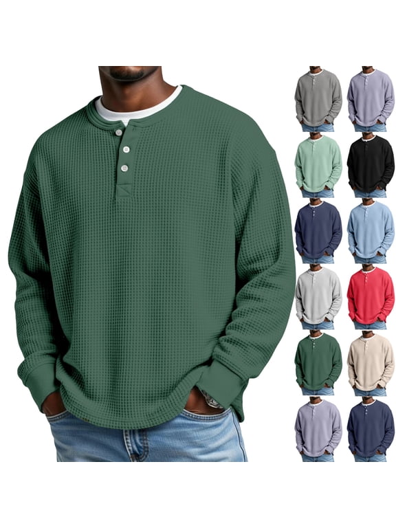 Mens Waffle Long Sleeve Shirt Slim Fit Henley Casual Long Sleeve Thermal Shirts Lightweight Comfort Oversized Tshirts Army Green L