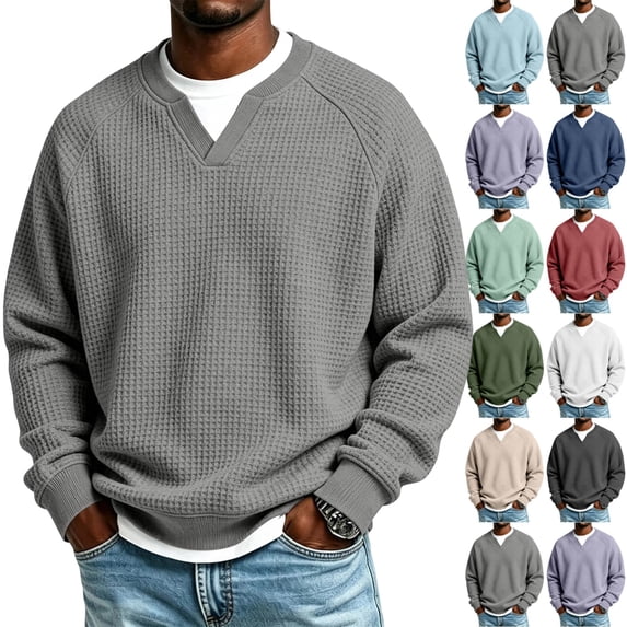 UDAUDU Mens Waffle Sweatshirt Casual Long Sleeve Loose Fit Polo Shirts Comfortable Lightweight Pullover Tops Sweaters Fashion Fall Clothes Light Gray S