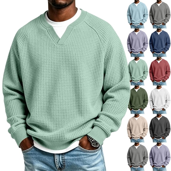 UDAUDU Mens Waffle Sweatshirt Casual Long Sleeve Loose Fit Polo Shirts Comfortable Lightweight Pullover Tops Sweaters Fashion Fall Clothes Light Green 4XL