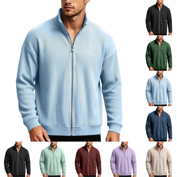 UDAUDU Mens Zip Up Cardigan Sweater Slim Fit Casual Full Zip Corduroy Sweatshirt Sweaters Knit Stand Collar Cardigans Sky Blue L