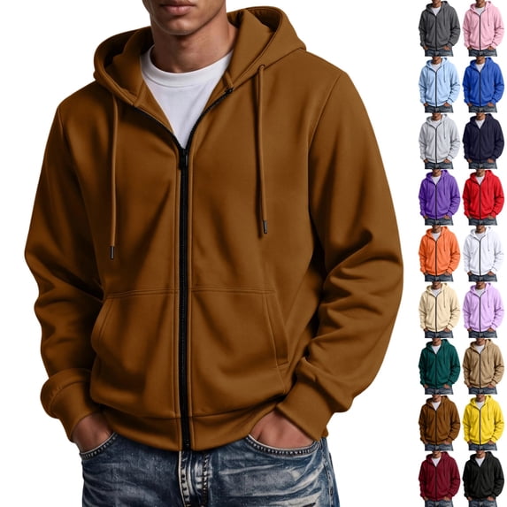 UDAUDU Mens Zip Up Hoodie Long Sleeve Solid Sweatshirts Fleece Casual Vintage Hooded Athletic Full Zip Jacket with Pockets M