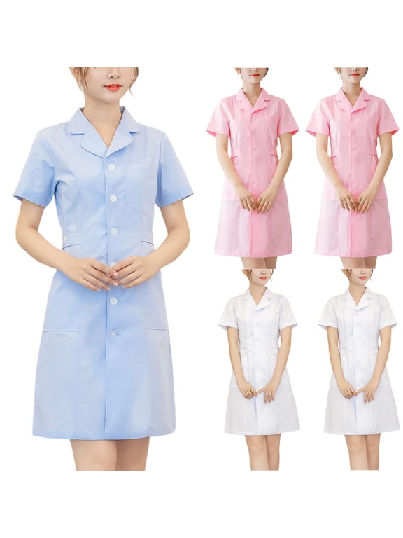 Nurse Scrubs Dress for Women Short Sleeve Formal Lapel Neck Button Down Work Dress Summer Comfy Nursing Uniform Blue XL