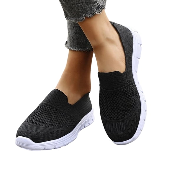 UDAUDU Orthopedic Shoes for Women Arch Support Tennis Shoes Wide Width Slip on Non Slip Work Shoes Knitted Mesh Stretch Comfort 2026 New Foam Shoes Black