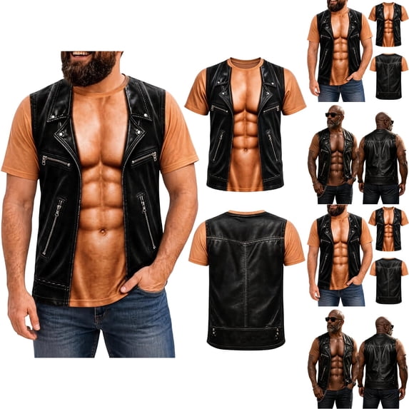 UDAUDU Personalized Funny T-Shirts with Biker Vest Men Funny 3D T-Shirt, Muscle Man T-Shirt, Realistic Six-Pack Abs Costume Tee Complexion 3XL