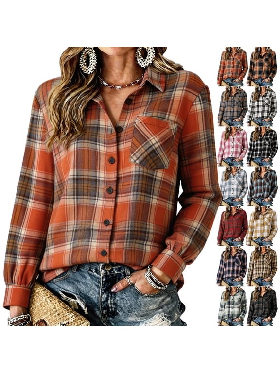 Plaid Flannel Shirt Women Long Sleeve Button Down Collared Fall Fashion Loose Fit Y2K Lightweight Tops M