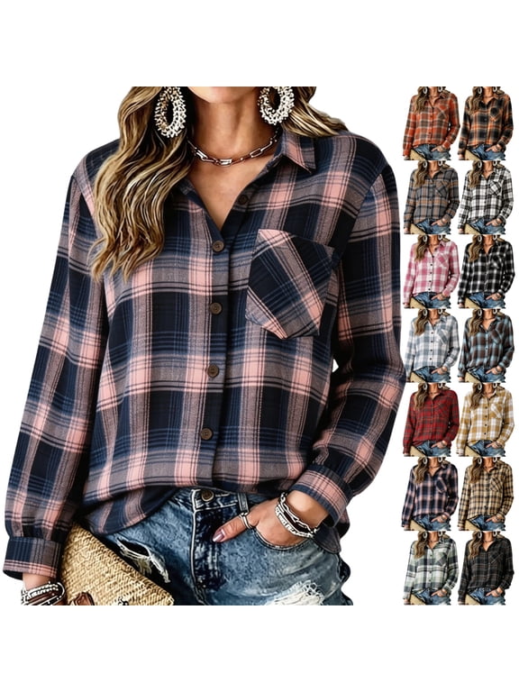Plaid Flannel Shirt Women Long Sleeve Button Down Collared Fall Fashion Loose Fit Y2K Lightweight Tops XL