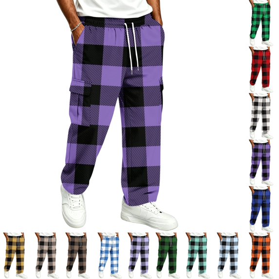 UDAUDU Plaid Men's Cargo Pants Hiking Relaxed Fit Drawstring Elastic Waist Wide Leg Trousers Outdoor Athletic Hiking Pants with Pockets Purple 2XL