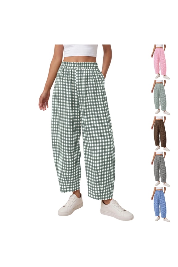 Plaid Pants for Women Barrel Pants 2026 Summer Casual Loose Fit Wide Leg Lounge Gingham Trousers Spring Fashion Beach Bottoms Green 2XL