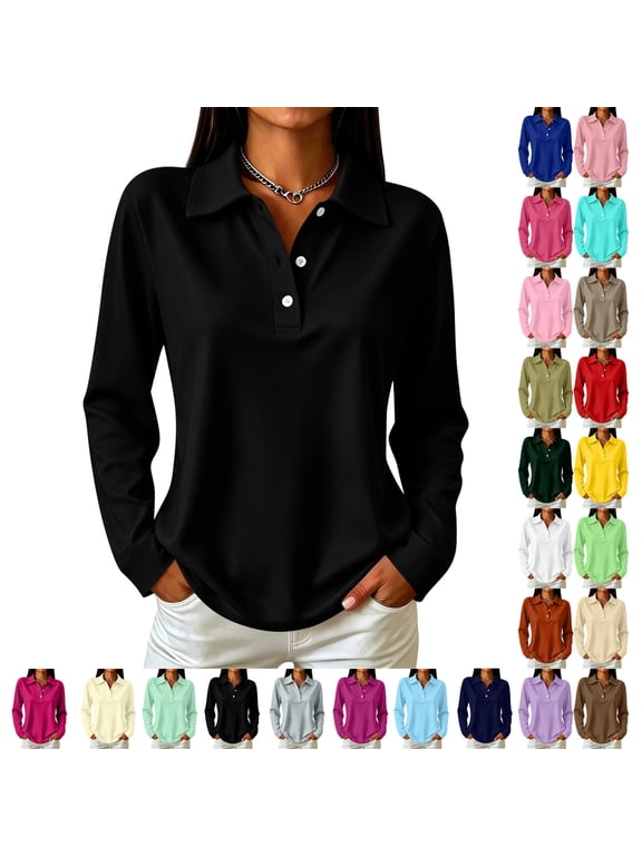 Polo Shirts for Women Long Sleeve Collared Golf Shirts Fall Fashion | 3 Button Lapel Work Blouses, Dressy Business Casual Office Tops, Restaurant Service Hospitality Uniforms Black L