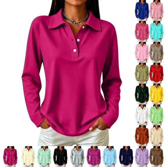 UDAUDU Polo Shirts for Women Long Sleeve Tops Golf Tees 3-Button Collared | Womens Polo, Collared, 3-Button, Golf, Cotton Blend, Casual Office Tops, Business, Work, Comfortable Soft Hot Pink M