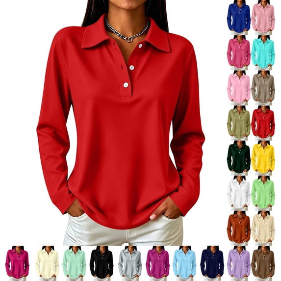 UDAUDU Polo Shirts for Women Long Sleeve Tops Golf Tees 3-Button Collared | Womens Polo, Collared, 3-Button, Golf, Cotton Blend, Casual Office Tops, Business, Work, Comfortable Soft Red M