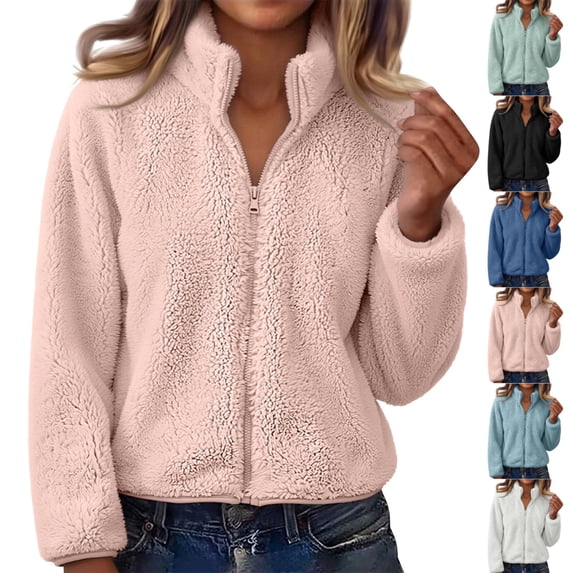 UDAUDU Sherpa Jacket Women Fuzzy Fleece Zip Up High Neck Long Sleeve Warm Teddy Jackets Cozy Fluffy Sweater Coats Fall Winter Outerwear 4XL