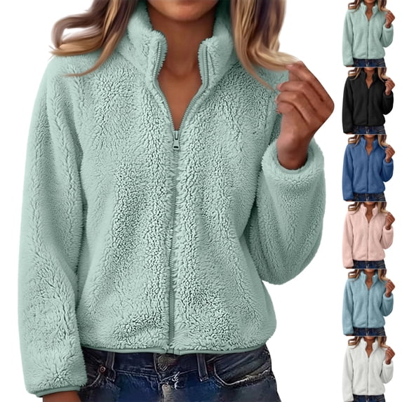 UDAUDU Sherpa Jacket Women Fuzzy Fleece Zip Up High Neck Long Sleeve Warm Teddy Jackets Cozy Fluffy Sweater Coats Fall Winter Outerwear 5XL