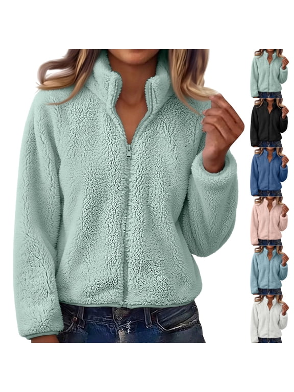 Sherpa Jacket Women Fuzzy Fleece Zip Up High Neck Long Sleeve Warm Teddy Jackets Cozy Fluffy Sweater Coats Fall Winter Outerwear 5XL