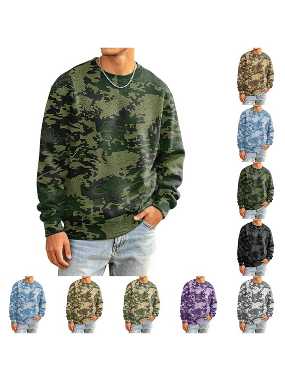 Shirts for Men Long Sleeve Crew Neck Casual Fall Trendy Camo Print Pullover Loose Fit Athletic Workout Blouses Dark Green 2XL