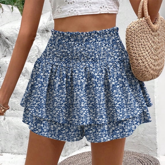 UDAUDU Shorts for Women Summer Casual Beach Ruffle Flowy Skorts Boho Tiered Mini Skirts Trendy Outfits Blue L