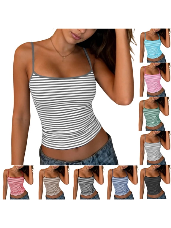 Spaghetti Strap Tank Top for Women Striped Y2k Sleeveless Cami Top Crop Top Slim Fit Backless Aesthetic Going Out Tops Light Gray M
